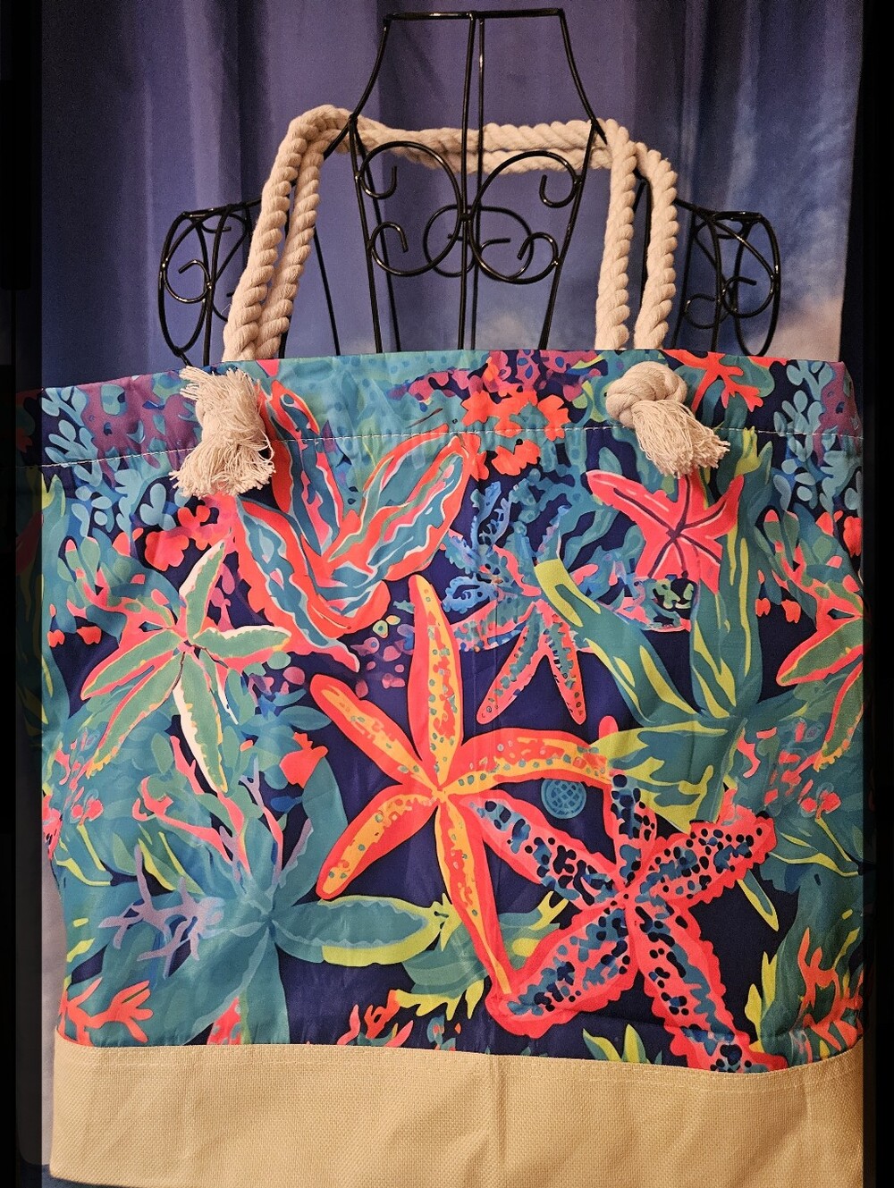 Tropical Starfish Print Rope-Handle Tote Bag - Navy & Multicolor - Picture 9 of 9